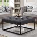 24KF Middle Century Upholstered Tufted Coffee Table with Linen Padded Seat, Large Square Ottoman with Black Metal Frame Dark Gray