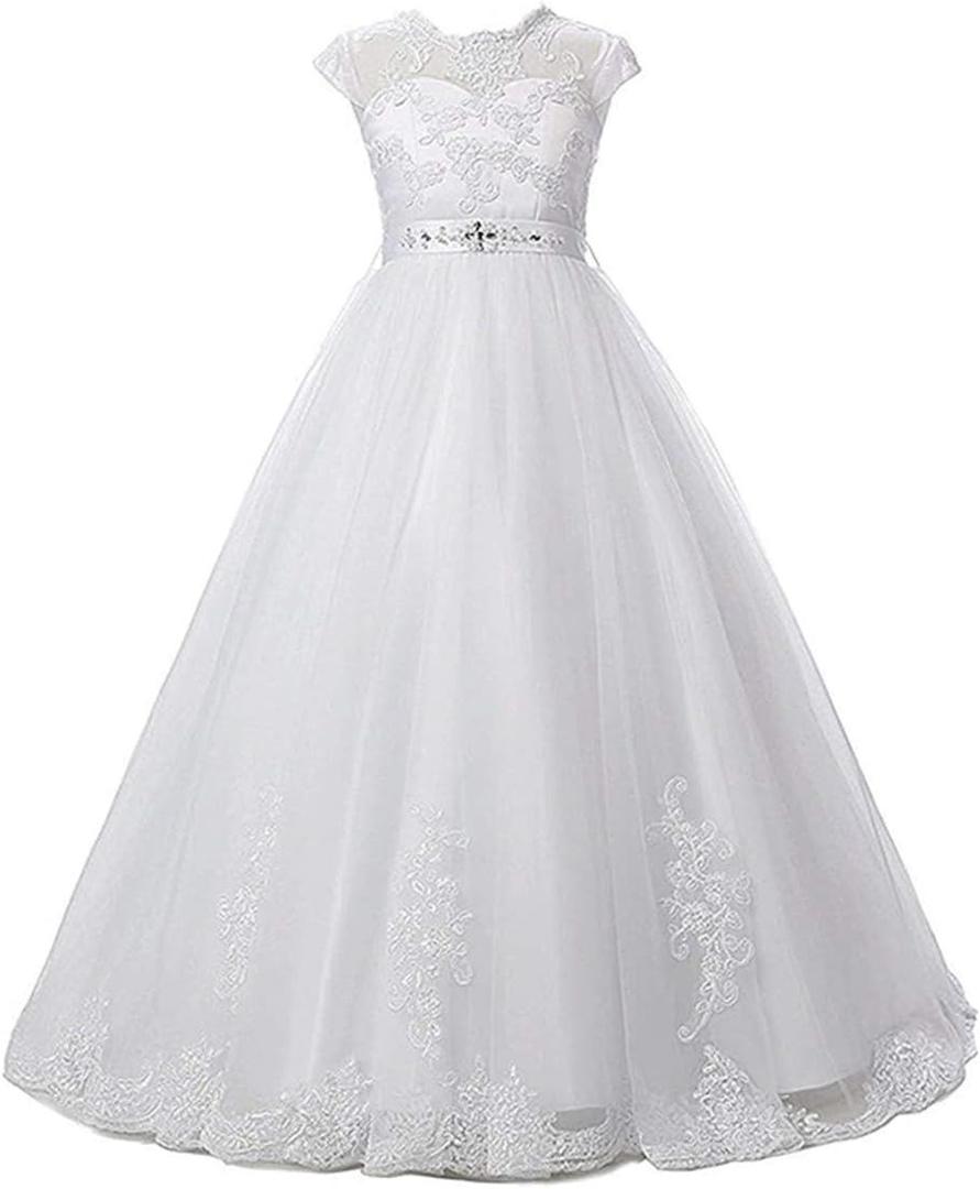 Magicdress White First Communion Baptism Dresses for Girls Lace Princess Flower Girls Gown, Size 10