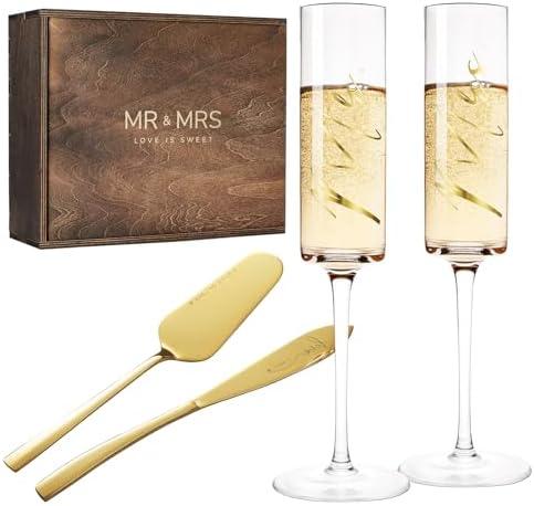 AW BRIDAL Engagement Bridal Shower Wedding Gifts for Couple Newlyweds, Anniversary Mr Mrs Champagne Flutes Toasting Glasses Set of 2, Wedding Gold Cake Cutting Set with Wooden Box for Bride Groom