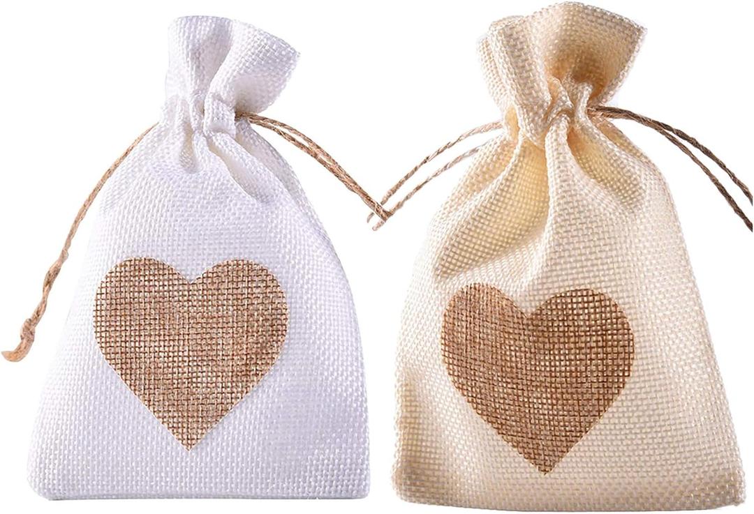 Burlap Bags, 20 Packs 5"x7" Drawstring Heart Burlap Gift Bag Candy Pouches Linen Pockets for Valentine's Day Wedding Easter Christmas Halloween Thanksgivings New Year (5"x7", White/Beige (Pack of 20))