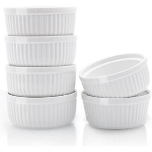 Nuwave Ceramic Ramekins 8 oz, Set of 5, Elegant Classic Style for Baking Souffles, Creme Brulées, Custards, Puddings, 4.3” Wide & 2” Tall, Microwave, Oven & Dishwasher-Safe, Ivory White (6)