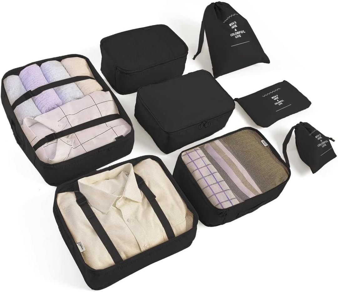8 Set Packing Cubes for Suitcases Travel Luggage Packing Organizers,Travel Essentials Accessories Luggage Organizer with Shoe Bag Tioletry/Laundry Bag(Black)