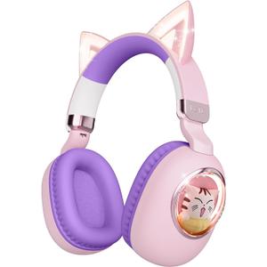 Kids Headphones Bluetooth 5.4 - Cat Ear LED Light Up Noise Cancelling Wireless Headphones with Mic, 85dB Volume Limited, Wired & Wireless Mode for Travel/School/iPad