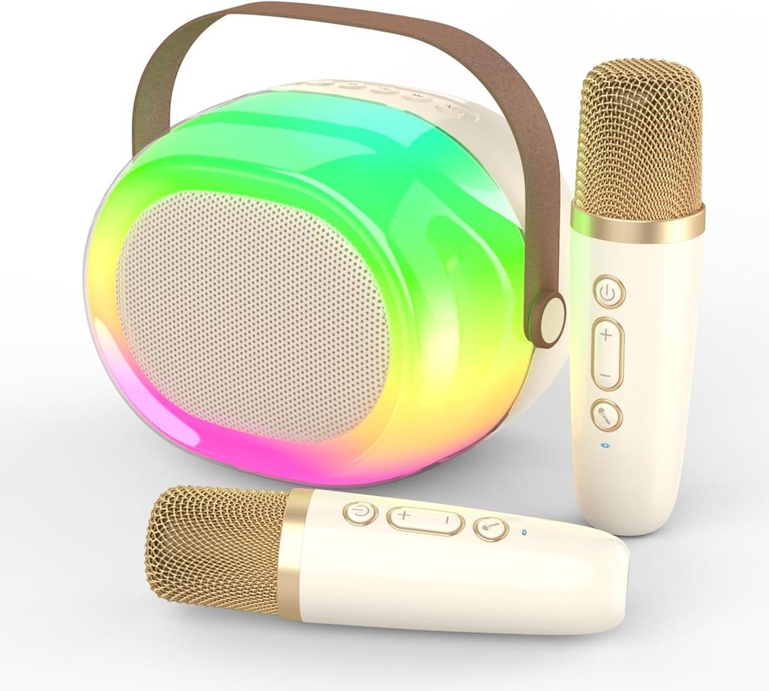 Karaoke Machine for Adults,Portable Bluetooth Speaker with Two Wireless Microphones and Dynamic Lights,Support TF/USB/AUX,Birthday Gifts for Girls/Boys//Men/Women/Family Home Party (Beige 2 mics-colorful lights)