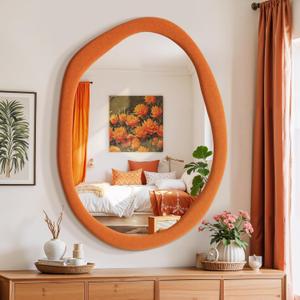 Irregular Asymmetrical Wall Mirror, 32" x 24" Flannel Wrapped Wooden Frame Frame Mirror for Living Room Bathroom Entryway, Hanging or Leaning Against Wall(Orange) (32"L x 20"W)