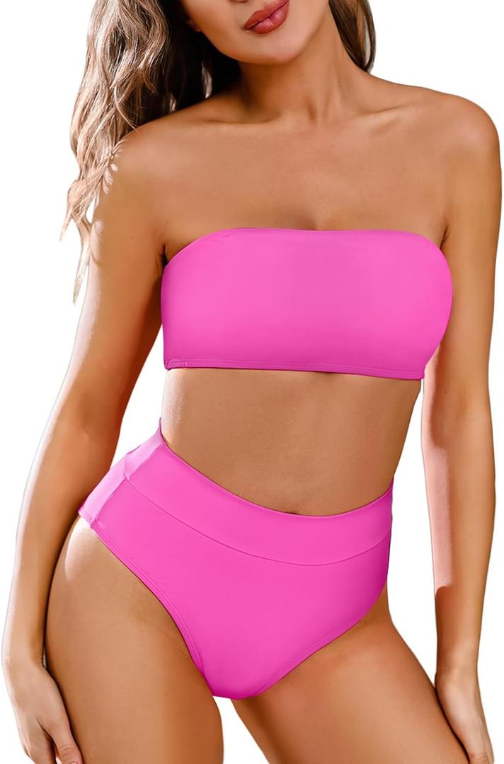 Pink Queen Women's 2 Piece Bathing Suit Off Shouler Bandeau Bikini Swimsuit Top High Cut Thong Swimwear Pink S Pink Queen Women's 2 Piece Bathing Suit Off Shouler Bandeau Bikini Swimsuit Top High Cut Thong Swimwear Pink S