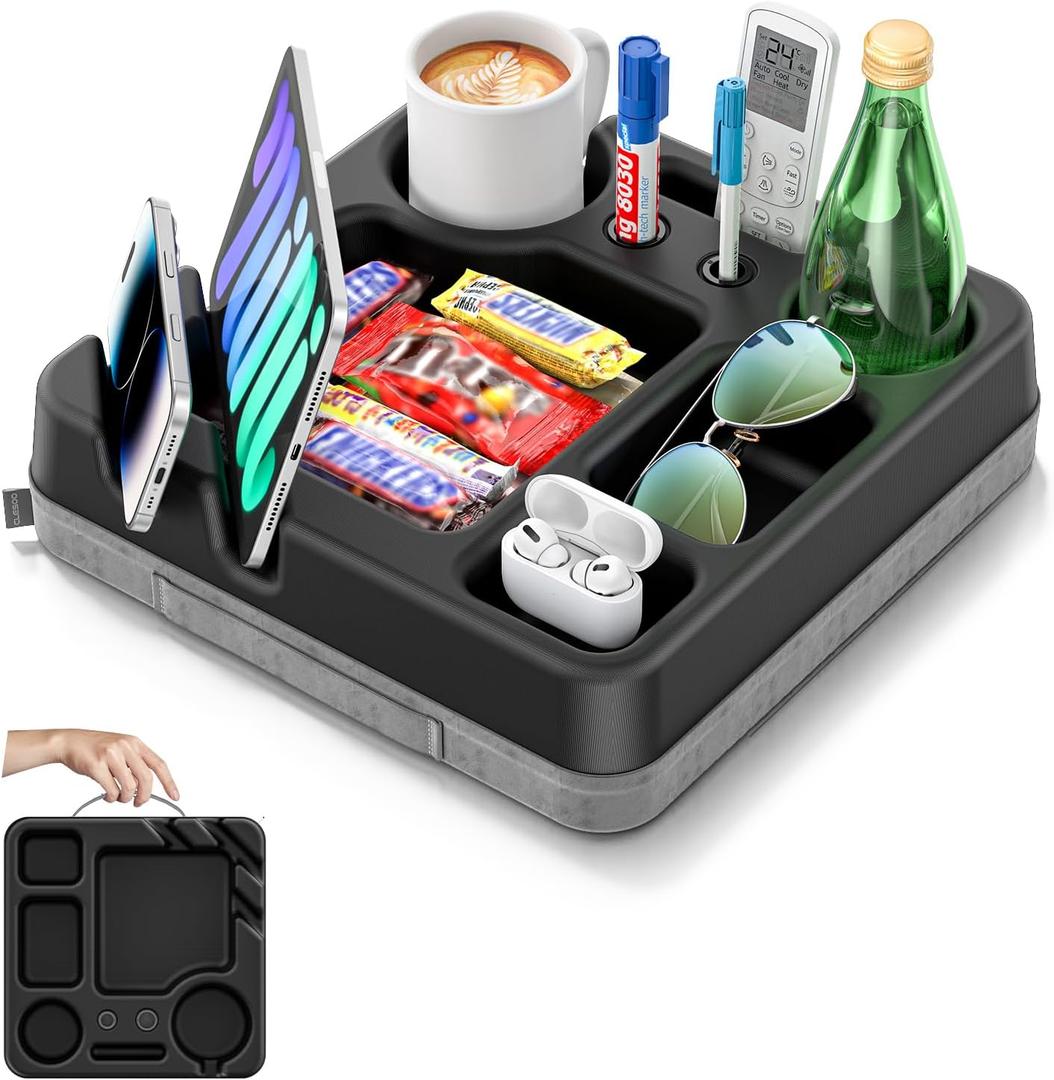 Couch Cup Holder Tray Couch Cup Holder Pillow Bed Tray Snack Sofa Bed Caddy Organizer Beach Sofa Drink Holder Anti-Spill Portable Snack Caddy Couch Remote Holder for Phone Pad Kindle Beverage Black
