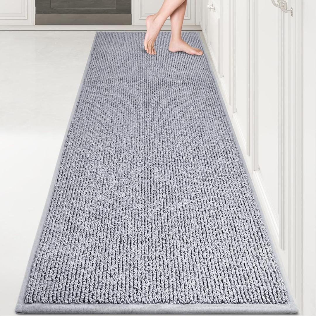 PURRUGS Machine Washable Kitchen Runner Rug 2ft8in x 8ft, Non-Slip/Skid Hallway Runner Rug, Super Absorbent Soft Area Rug for Hallway, Kitchen & Laundry, Rolled Packaging, Grey