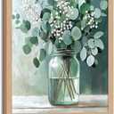Framed Eucalyptus Floral Wall Art Canvas Print Green Botanical Mason Jar Flower Painting Poster Picture, Farmhouse Nature Artwork, Wrapped for Living Room Bedroom Bathroom Decor16x24in