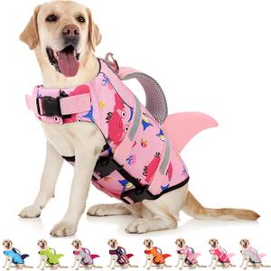 AOFITEE Dog Life Jacket, Dog Life Vest for Swimming, Shark Dogs Swimming Vest with Rescue Handle and Reflective Stripe, Ripstop Pet Float Coat Swimsuit Lifesaver Small Medium Large Dogs Pink S