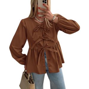 PRETTYGARDEN Women's Spring Fall Babydoll Peplum Blouse Shirt Puff Long Sleeve Bow Tie Front Trendy Cute Y2K Going Out Tops (Brown, S)