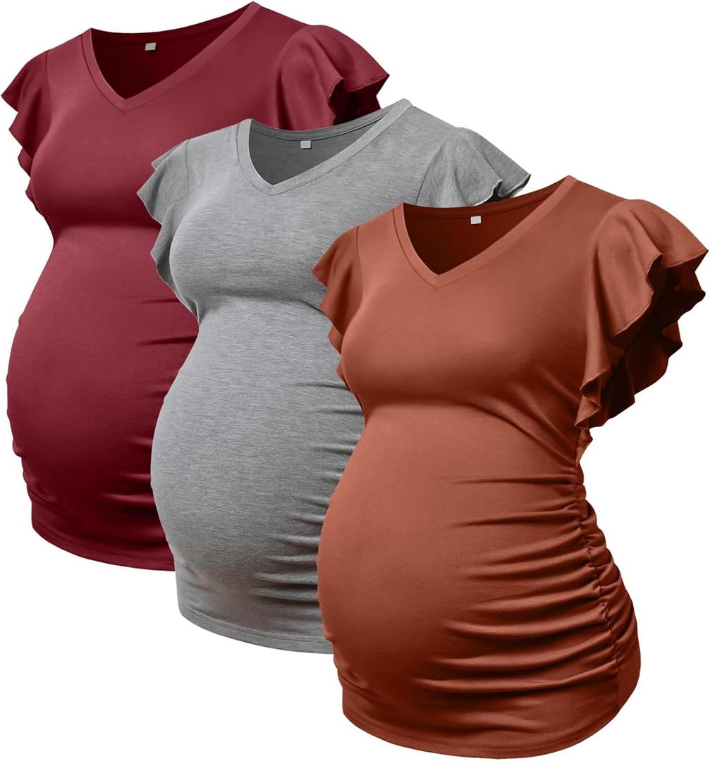 Maternity Shirts 3 Packs Flying Short Sleeve Pregnancy Tops V Neck Side Ruched Tees (Medium, Wine Red / Grey / Caramel)