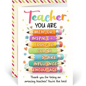 2 x Teacher Cards, Teacher Greeting Card With Colorful Pencil Artwork, Teachers Appreciation Gift Card For Back To School, Happy First Day Of School Card, Teachers Birthday Gifts From Student, Parent Or Class