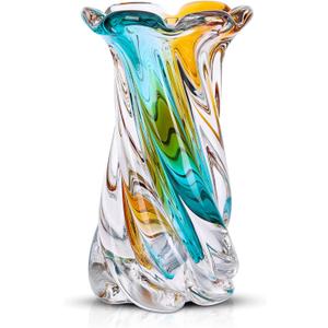 9.45in H Clear Hand Blown Glass Vase, Beautiful Teal and Amber Sea Glass Flower Vases for Bouquet, Colored Wide Mouth Vase for Home Kitchen Bathroom Dining Table Unique Centerpiece