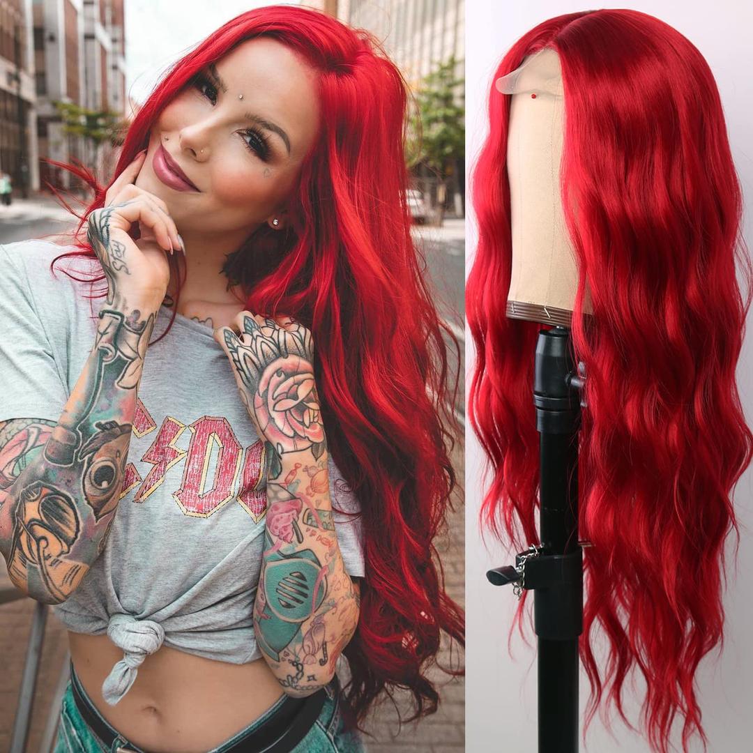GIANNAY Red Curly Wig for Women - Long Wave Synthetic Lace Front Hair, Blood Colored, 24" (White Women)