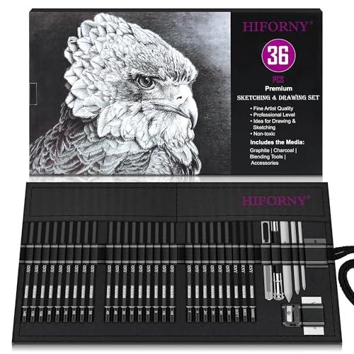 HIFORNY 36 PCS Sketching Drawing Pencil Set,Sketch Pencils Art Supplies with Graphite,Charcoal,Blending Tools,Accessories,Drawing Kit for Adults Artists in Canvas Roll Up Case