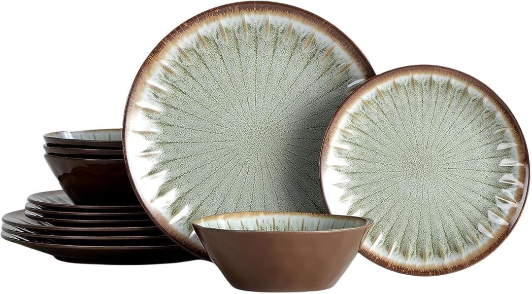 Melamine Dinnerware Sets for 4,12 Pcs Party Plates and Bowls Sets,Outdoor Use Harvest Dinner Dishes Set,Great for RVs Camping,Lightweight Unbreakable,Dishwasher Safe,Sage Green