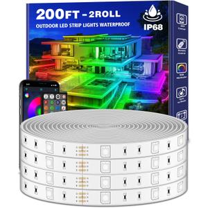 200ft Outdoor LED Strip Lights Waterproof 1 Roll, IP68 Outside Led Light Strips with App and Remote, Music Sync RGB Exterior Rope Self Adhesive Back for Deck, Balcony, Pool