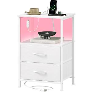 Somdot White Nightstand with Charging Station and LED Light for Bedroom, 2 Drawers Dresser with Fabric Bins for Bedside Kids Dorm Room Closet Laundry Entryway, White Leather