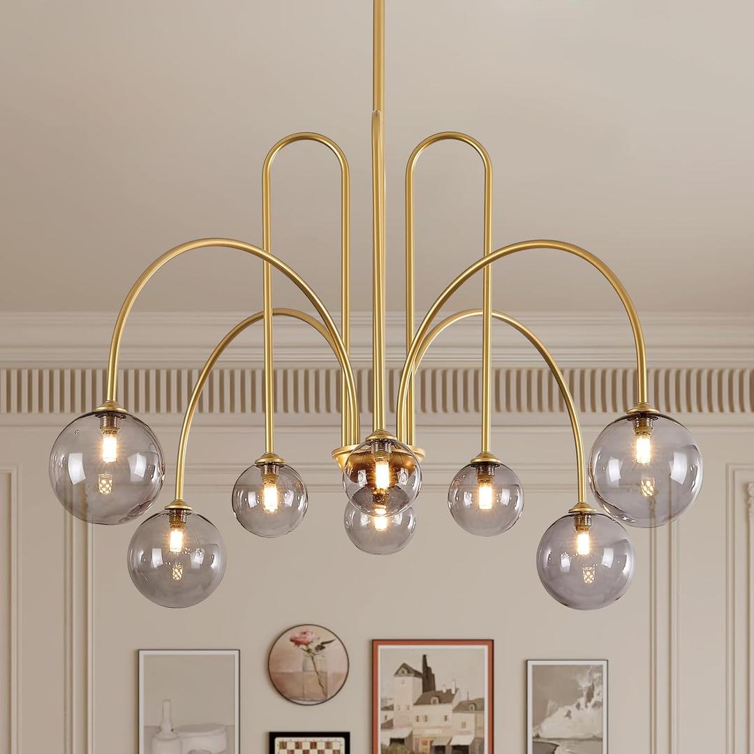 Modern Chandelier 8 Lights Gold Sputnik Light Fixture Large Luxury L41 Mid Century Smoke Glass Globe Ceiling Pendant Lighting for Foyer Staircase Living Dining Room Kitchen