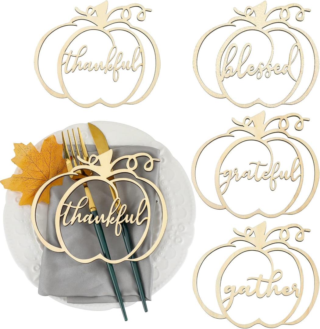 Chengu 12 Pieces Thanksgiving Pumpkin Wooden Plate Decor Grateful Pumpkin Wood Cutouts Thankful Grateful Blessed Gather Place Card Thanksgiving Place Settings Signs Table Decor for Farmhouse
