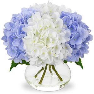 Hollyone Hydrangea Artificial Flowers with Vase White & Blue Silk Fake Flowers Arrangements in Glass Vase with Faux Water Faux Floral Bulk Bouquet Bathroom Table Centerpiece Shelf Home Decor (Hydrangea, White & Blue)