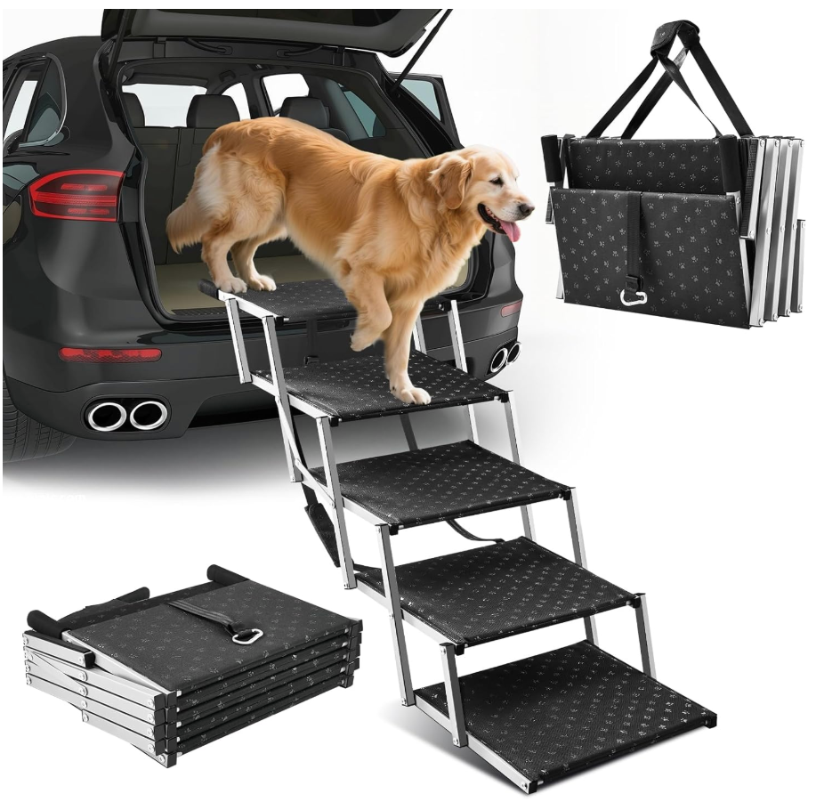 Saker Foldable Dog Ramp for Cars, SUVs, Trucks, Portable Pet Dog Stairs with NonSlip Surface & Reinforced Design, Lightweight Yet Sturdy Supports Up to 200lbs (Extra Wide5 Pet Steps)