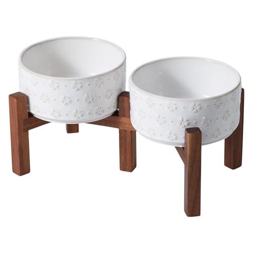 Havniva 6.1inch Ceramic Raised Double Bowls Set with Acacia Wood Stand, 2 Heights Elevated, Food & Water Bowls for Small Breed Dogs, Weighted Dog Dishes, Pet Bowl (27oz, Arctic White)