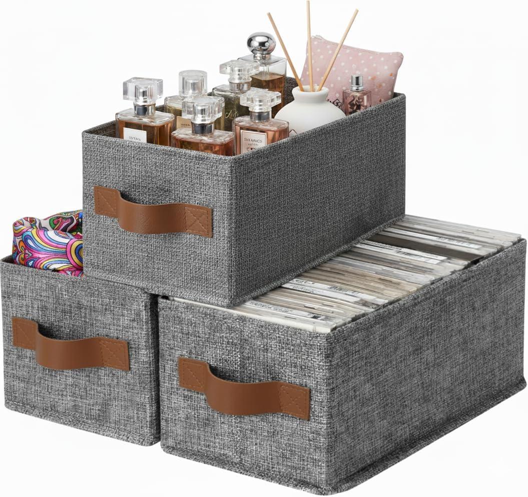 GRANNY SAYS Small Fabric Storage Bins, Storage Baskets for Shelves with PU Handles, Toilet Paper Storage, Mini Baskets for Organizing DVD, Photos, Clothes, Diaper, Sock, Cd, 3-Pack, Ivory