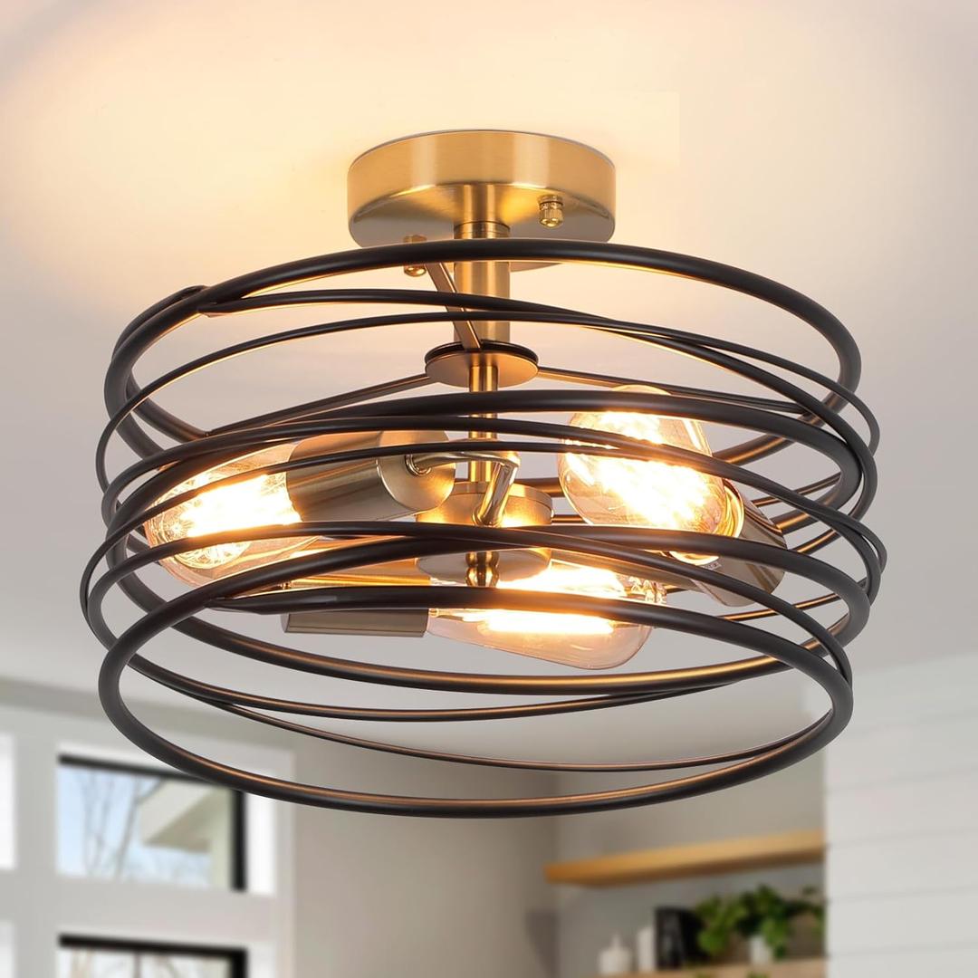 Black Rustic Drum Semi Flush Ceiling Light with 3-Light Brass Base, Modern Gold Farmhouse Chandeliers Metal Cage for Dining Room, Industrial Pendant Light for Entryway Kitchen Foyer Bedroom