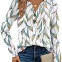 Dealmore Women's Boho Henley Printed Shirts V-Neck Tunic Tops (White, L)