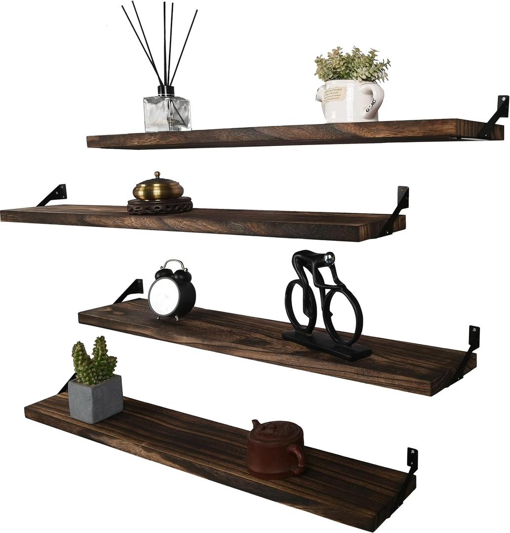 HXSWY Wood Floating Shelves for Wall, Wooden Wall Shelves for Bedroom, Wall Mounted Shelves for Living Room, Set of 4 Brown 36 Inch