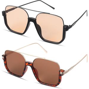 JATEBI 2 Pairs Retro Oversized Aviator Sunglasses Trendy Double Bridge Square Sunglasses 70s Shades UV Protection