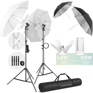 LimoStudio (LED Super Bright) 2600W Output Photo Studio Umbrella Continuous Lighting Kit, 6500K Neutral Day Light, 9200 Lumen, CRI>95, White Soft Umbrella Diffuser & Black, Silver Reflector, AGG3429