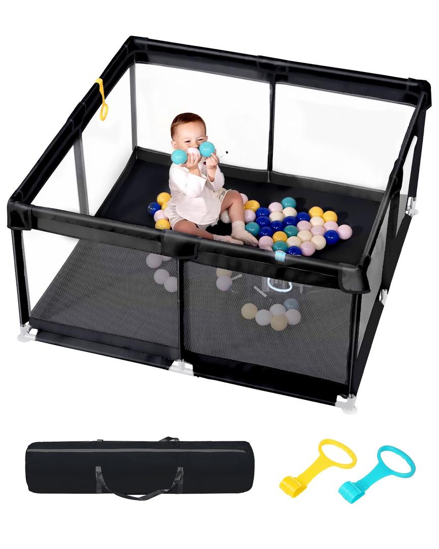 50" x 50" Extra Large Baby Playpen for Babies and Toddlers, Safe Activity Center with Soft Play Fence, Indoor Safety Yard, Easy to Assemble and Clean (Black)