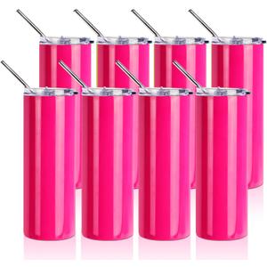 PYD Life 8 Pack Sublimation Tumblers 20 OZ Skinny Straight Neon Pink Glossy with Lid and Straw for Tumbler Press Machine