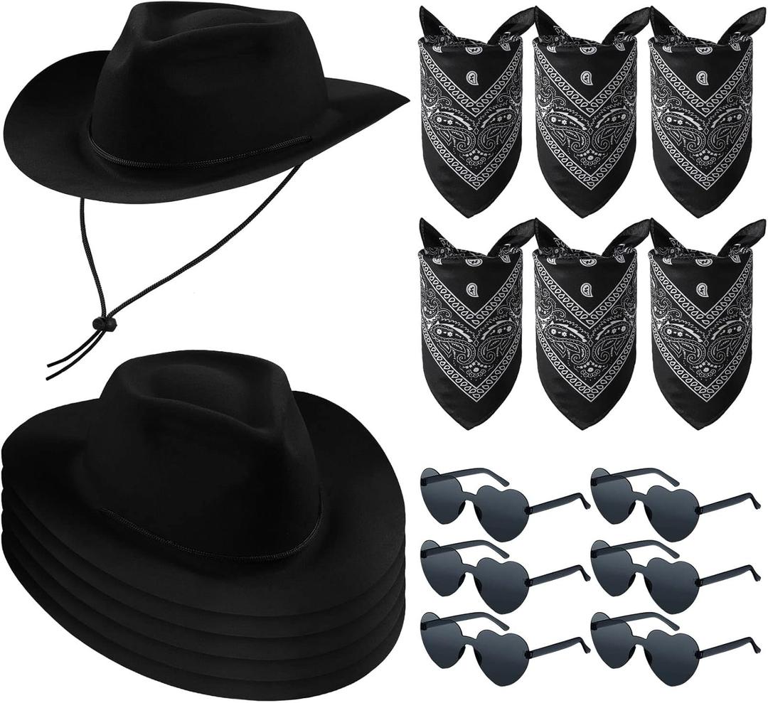 Newcotte 18 Pcs Western Cowboy Hat Set Include 6 Felt Cowgirl Hats 6 Paisley Bandanas 6 Pairs Heart Glasses for Party Costume (Black)