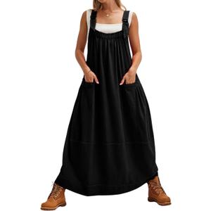 Yeokou Womens Overall Dress Cotton Barrel Midi Travel Dress Loose Fit Adjustable Straps Big Pockets Jumpsuits (Medium, Black)