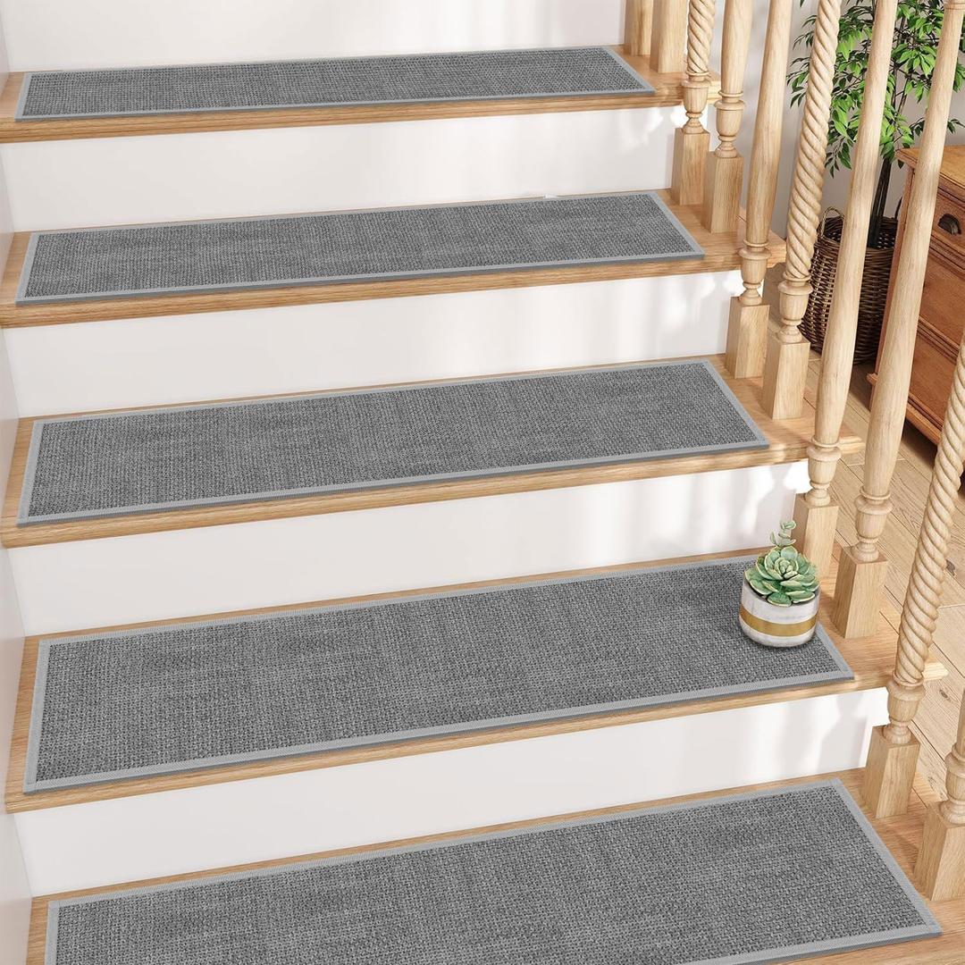 GOYLSER Jute Stair Treads Non Slip for Wooden Steps Set of 15, 8"x30" Non Slip Grey Stair Mats Indoor Stair Cover Step Pads, No Adhesive Step Traction, Grey