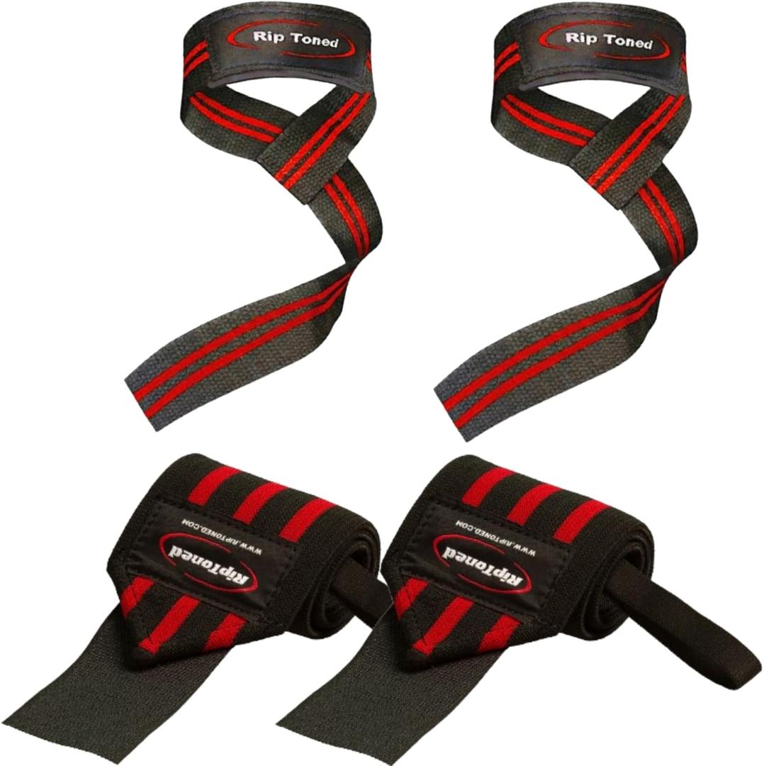 Rip Toned Wrist Wraps & Lifting Straps Combo  Dynamic Duo Push & Pull Support for Weightlifting  Wrist Support Wraps + Padded Grip Straps for Bench, Deadlifts, Rows & Pull-Ups (Men & Women) (13", Red)