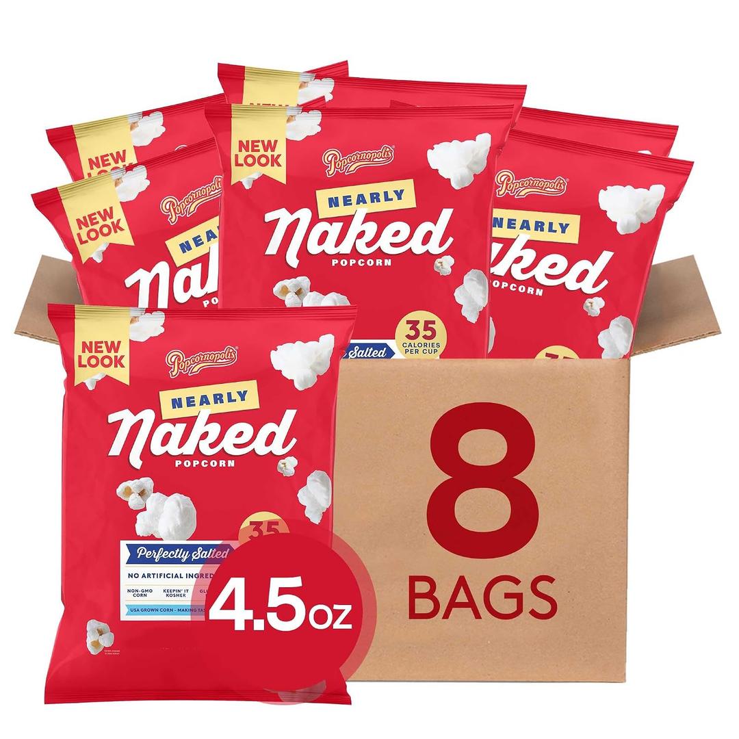 Popcornopolis Gourmet Popcorn, Nearly Naked Perfectly Salted, Simple Ingredients, 8-Pack Snack Bags, Bulk, Non-GMO, Gluten-Free, Best By: 05/13/26