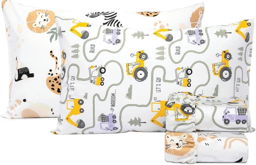 Salt Earth 100% Cotton 210TC Kids Bedsheet, Twin Sheet Set, Toddler Bed, 4-Piece Set  2 Fitted Sheets & 2 Pillowcases, Themed Toddler Bed Sheets, Cute Kids Bedding (Jungle Safari/Tractor)