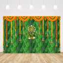 Pooja Backdrop Decoration Cloth Items Indian Ganpati Puja Traditional Chatiya Ganesh Mehndi Photography Background Festival Wedding Party Marigold Garlands Photo Booth Props Banner 5x3ft