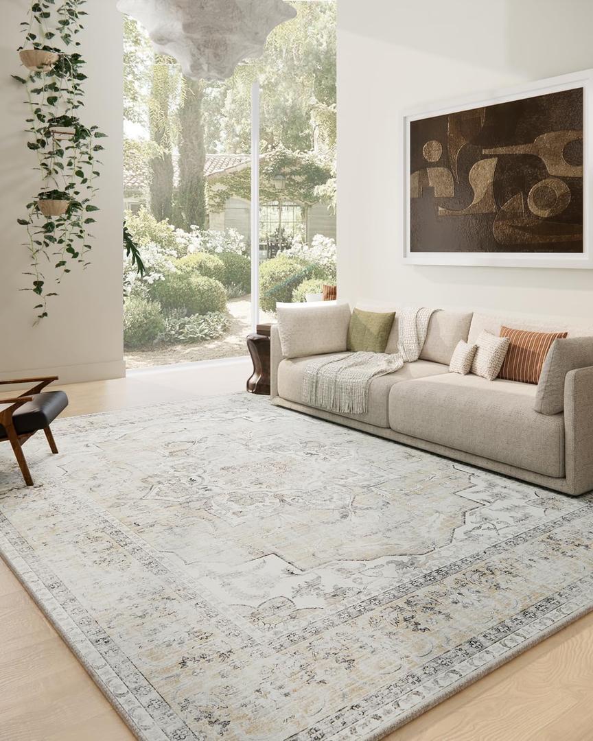 Area Rugs 9x12 Living Room: Washable Rugs for Bedroom Stain Resistant Non Slip Distressed Vintage Large Boho Rug Low Pile Faux Wool Soft Carpets for Living Room Dining Room Farmhouse Playroom (9'x12' (Rectangular), White and Beige)