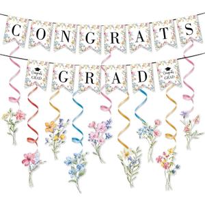 Zliisang 20pcs Wildflowers Graduations 2026 Banner Wildflowers Garland Hanging Swirls Decoration Floral Flowers Girls Class of 2026 Congrats Grad Party Decorations