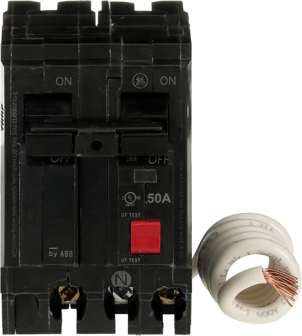 ABB Q-Line THQL2150GFT2P 50A 240-Volts Double Pole Circuit Breaker  50 Amp Double Pole Ground Fault Breaker with Self-Test  120/240 VAC 2-Pole GFCI Breaker  Ground Fault Circuit Interrupter