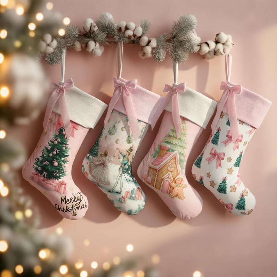 4 Pcs Christmas Stockings Vintage Country Christmas Decoration Pink Bow Xmas Stocking 18 Inch French Toile Cute Large Hanging Xmas Ornament Gift for Tree Fireplace Holiday(Pink Bow)