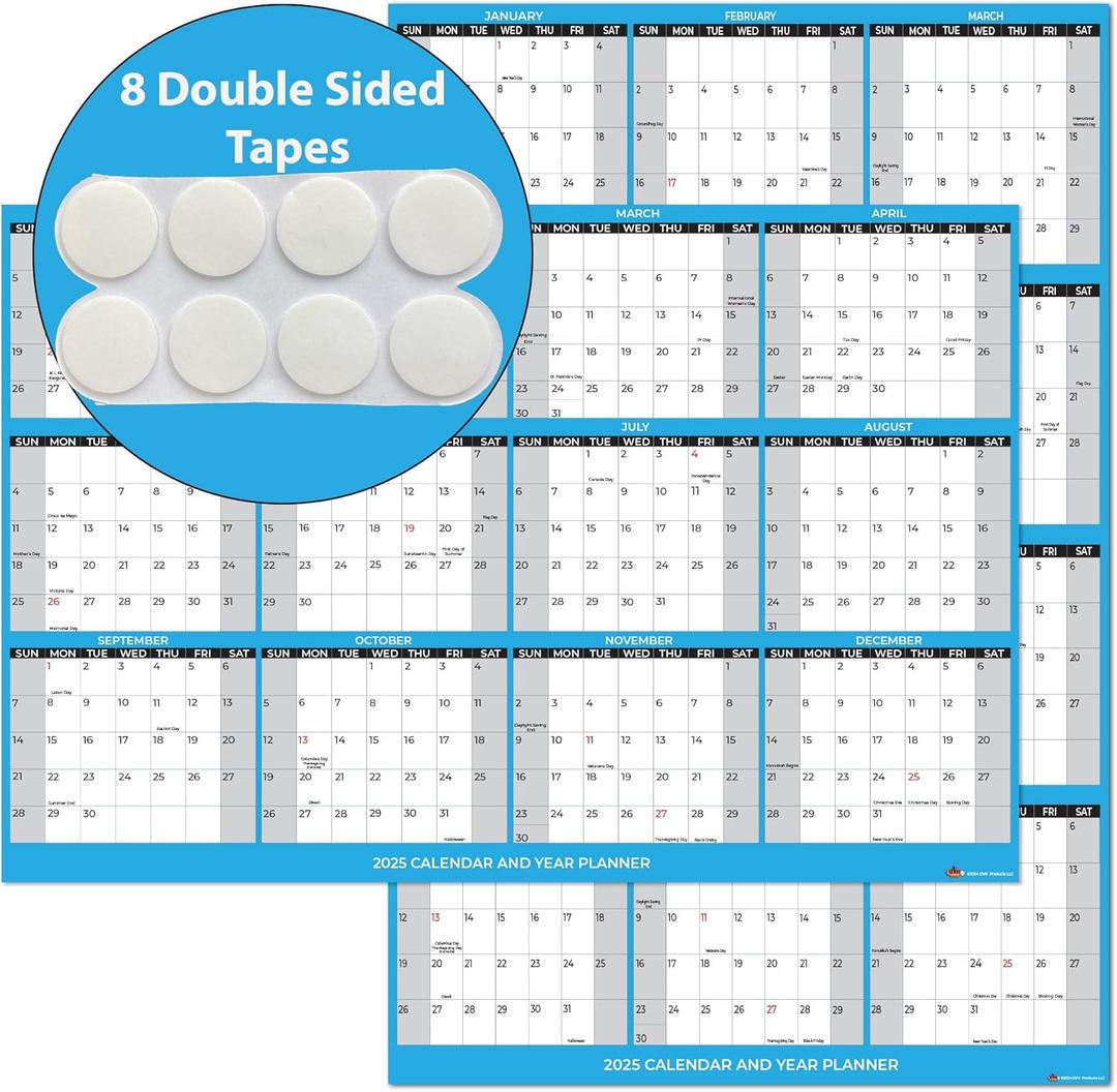 2025 Wall Calendar with Double Sided Tape for Wall hanging, Large Wet & Dry Erase Laminated (Blue, Size 18x24)
