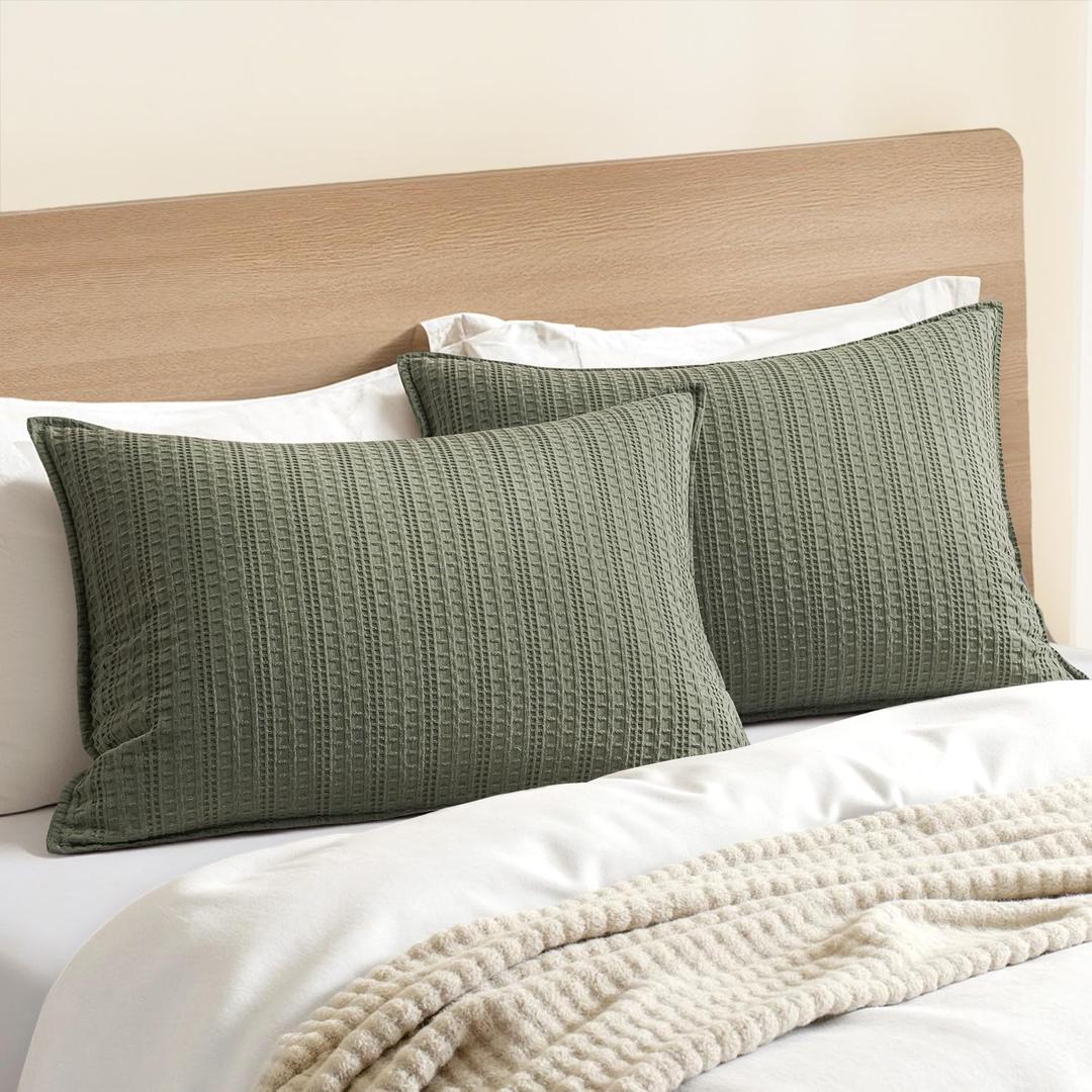 100% Cotton Waffle Pillow Shams Standard Size, 2 Pack 20x26 Decorative Pillow Covers for Bed Couch Sofa, Neutral Weave Cushion Cases Modern Farmhouse Home Decor, Olive Green