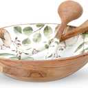 Large Wooden Salad Bowl Set - Premium 13-inch Acacia Wood Salad Bowl with Servers - Decorative Wooden Bowl with Fork and Spoon - Fruit Bowl - Serving Bowls for Entertaining (Eucalyptus Bliss)